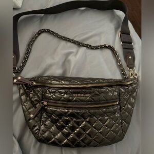 MZ Wallace large cross body sling bag in bronze metallic color.